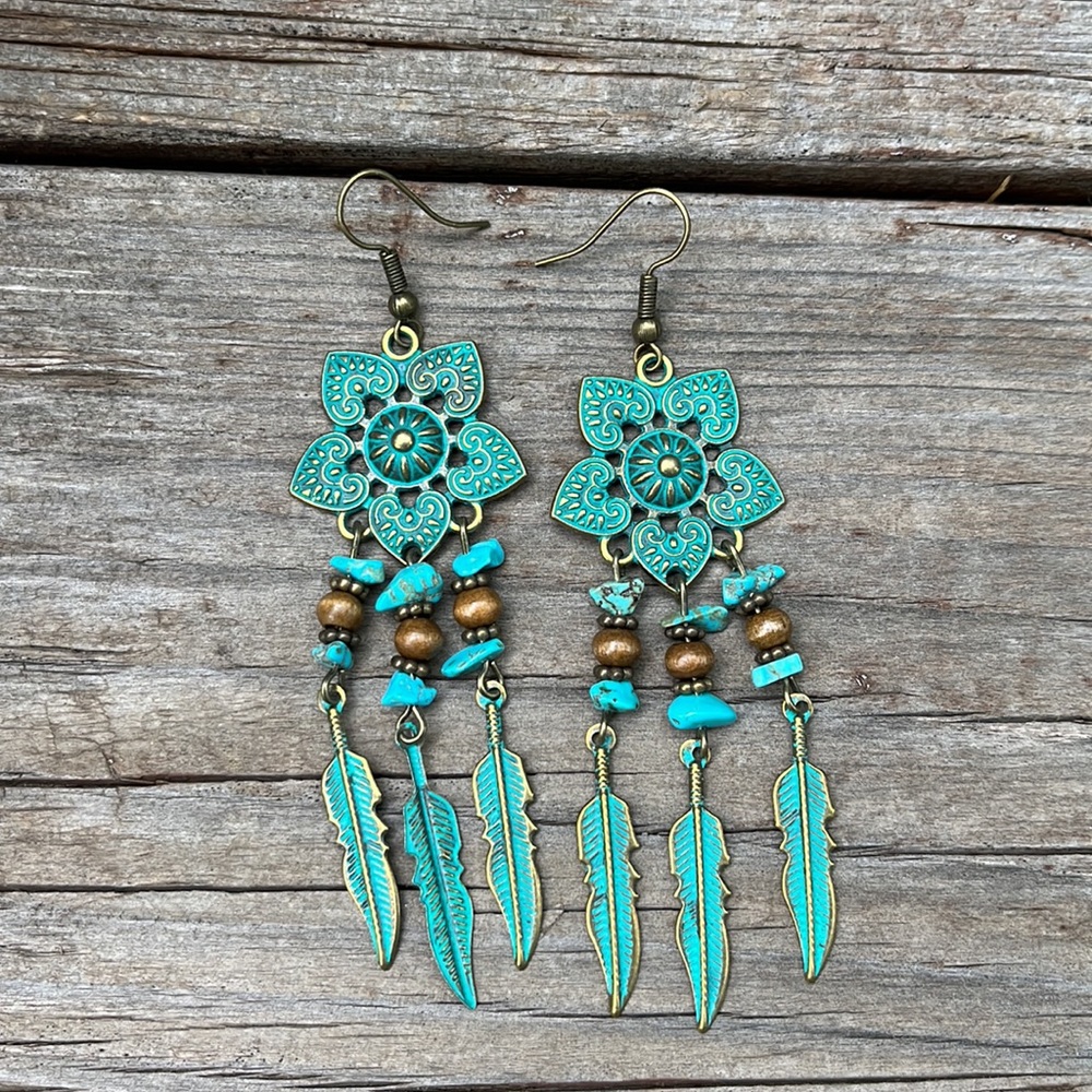 Boho Gypsy Stamped Metal Patina Drop Earrings - Picture 3 of 13